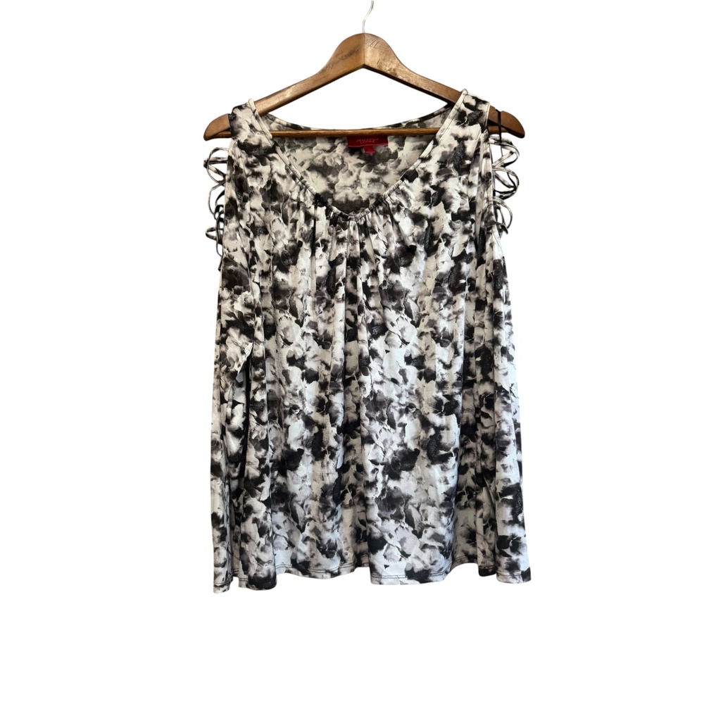 Jennifer Lopez Blouse Womens XL Black White Excellent Cold Shoulder Lattice Cage